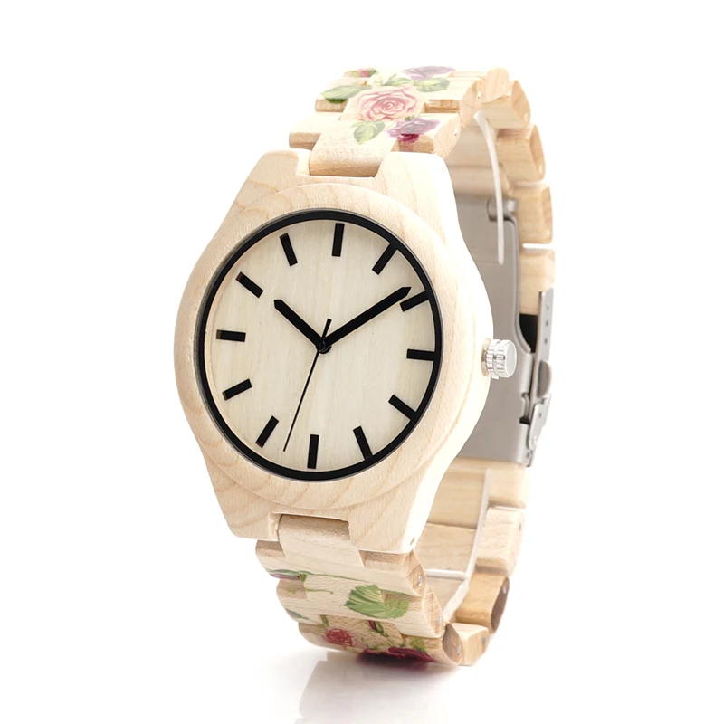 BOBO BIRD V-L26 UV Tech Rose Flower Print Maple Wood Wristwatch Mens Brand Designer Quartz Watch with wooden Strap in Gift Box