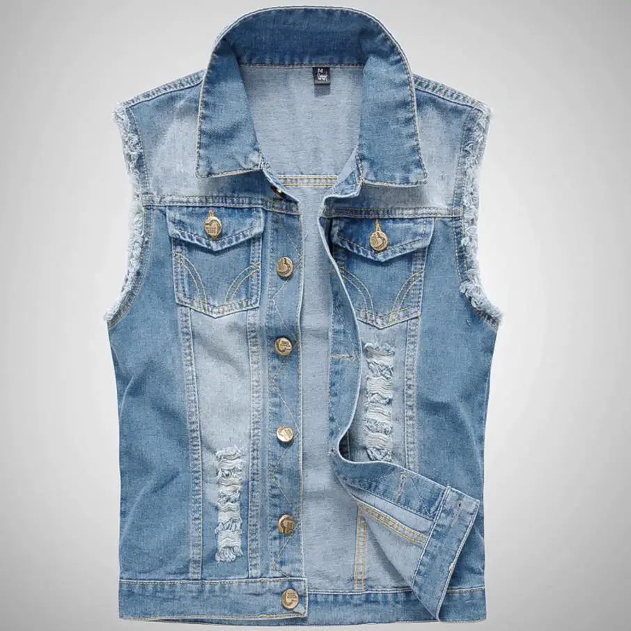 Mens Brand Clothing 2018 Spring Men's Denim Vests Ripped Sleeveless
