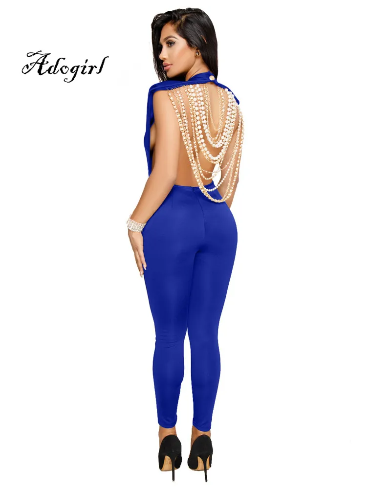 Adogirl 2018 Spring Sexy Back Pearl Chain Women Jumpsuit Blue-2