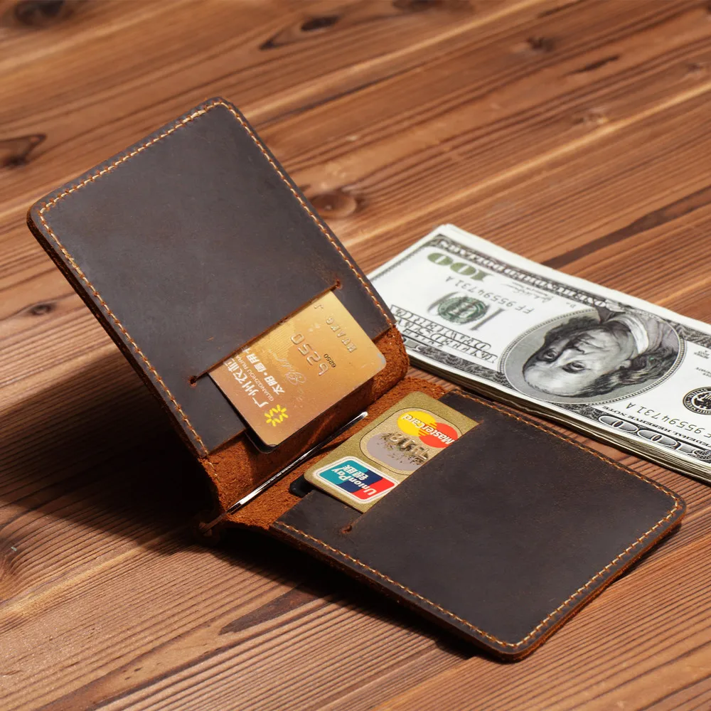 Handwork Real Leather Money Clip Dollar Wallet for Cool Men Vintage Metal Money Clamps with 4 Card Bit High Quality Cow Leather