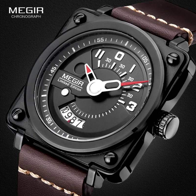 Megir Quadrato degli uomini Quadrante Analogico Cinturino In Pelle  Impermeabile Orologi Da Polso Al Quarzo con Data del Calendario 2040|watch  with|watch with calendarwatch watch - AliExpress