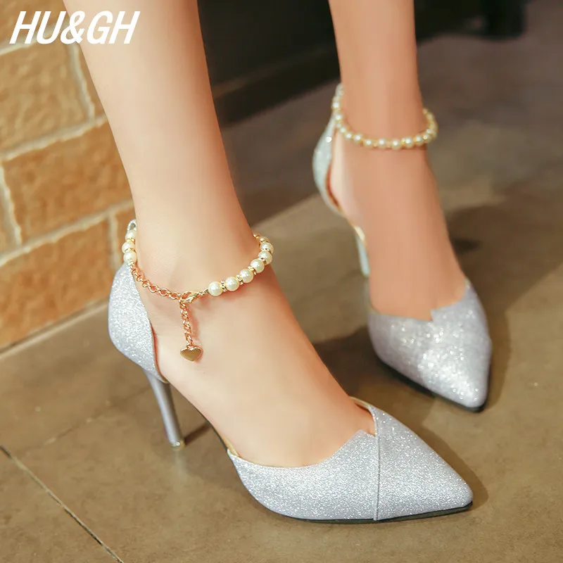 

New Spring & Summer Women's Single Shoes 10cm High heels String Bead Shoes Pointed toe thin heels sandals Sequined shoes 34-40