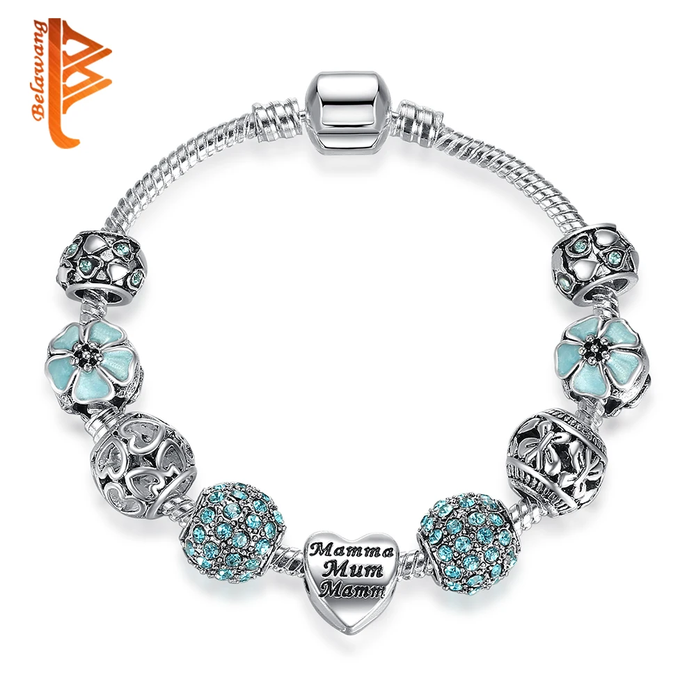 

Romantic Antique Silver Heart Charm Bracelet & Bangle with Flower Cubic Zirconia Beads Bracelet Women Wedding Gift