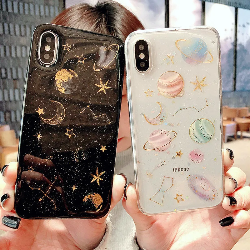 

Luxury Glitter Cute Space Planet Phone Case For iPhone X XR XS MAX 7 8 Plus Clear Soft Silicone Back Cover For iPhone 6 6S 7Plus