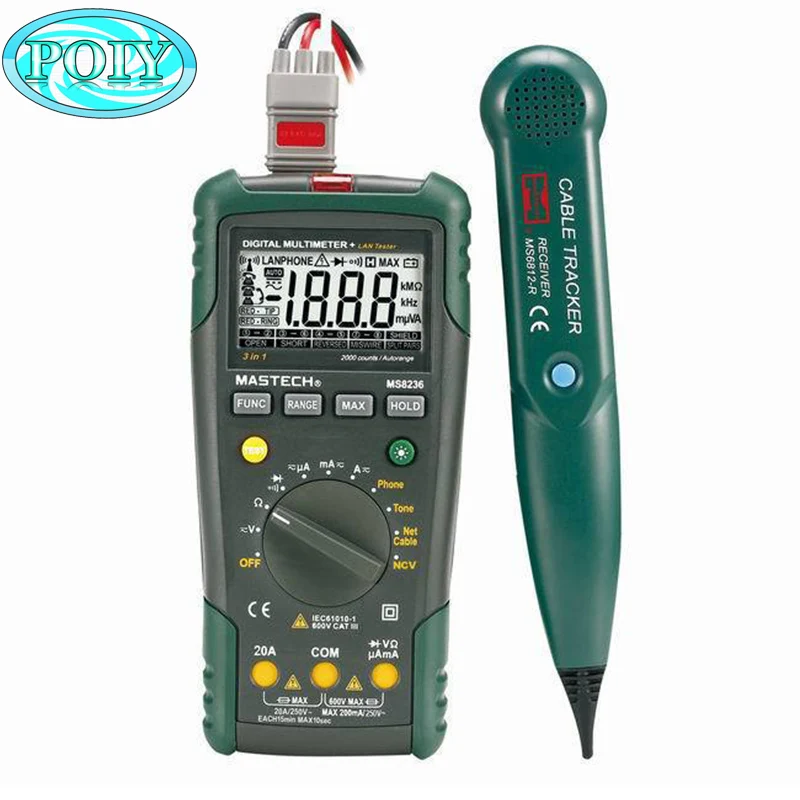 

MASTECH MS8236 Auto Range Digital Multimeter LAN Tester Net Cable Tracker Tone Telephone line Check Non-contact Voltage Detector