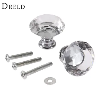 DRELD 2Pcs 30mm Diamond Crystal Glass Alloy Door Drawer Cabinet Wardrobe Pull Handle Knob Kitchen Furniture Handles 6Pcs Screws