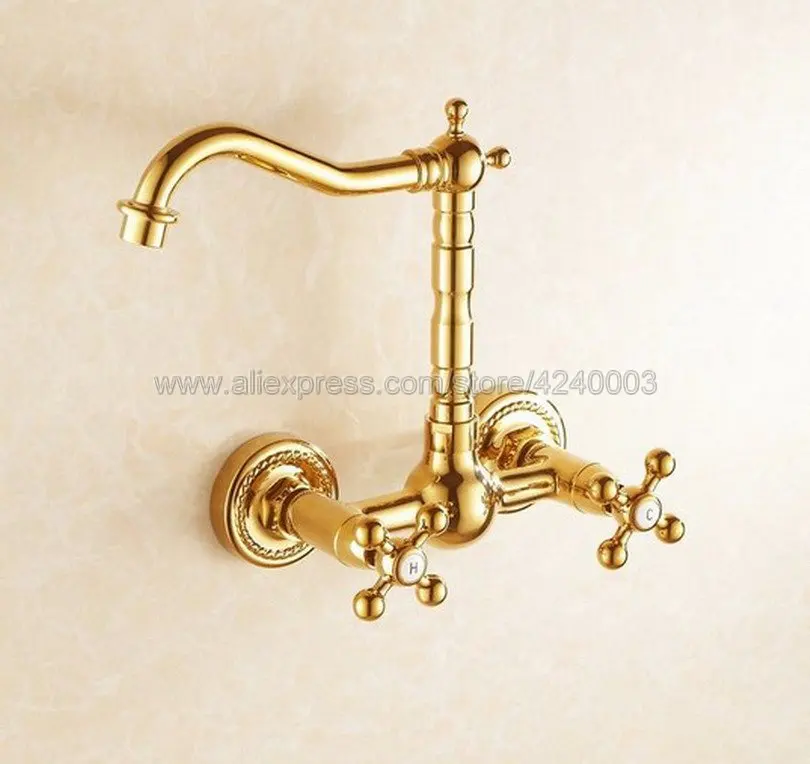 Basin Faucets Gold Brass Wall Mounted Kitchen Bathroom Sink Faucet Dual Handle Swivel Spout Hot Cold Water Mixer Tap Kgf010 Basin Faucets Gold Brass Wall Mounted Kitchen Bathroom Sink Faucet Dual Handle Swivel Spout Hot Cold Water Mixer Tap Kgf010