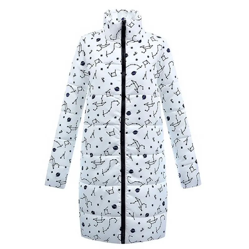 

Winter Warm White Casual Overcoats Plus Size Women Cotton Padded Jackets Slim Thick Turtleneck Print Female Coats Goth Outwears