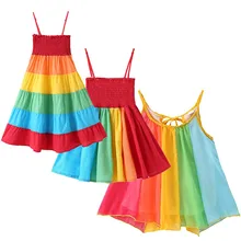 Радужное Полосатое платье с открытыми плечами для маленьких девочек; богемные платья; вечерние платья для детей; пикантные платья-комбинация; платье для малышей; повседневная одежда