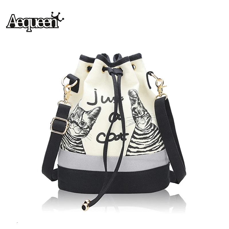 2016 New Fashion Retro Women Canvas Bucket Bags Cute Cat Print Shoulder Bag Casual Drawstring crossbody bag women messenger bags