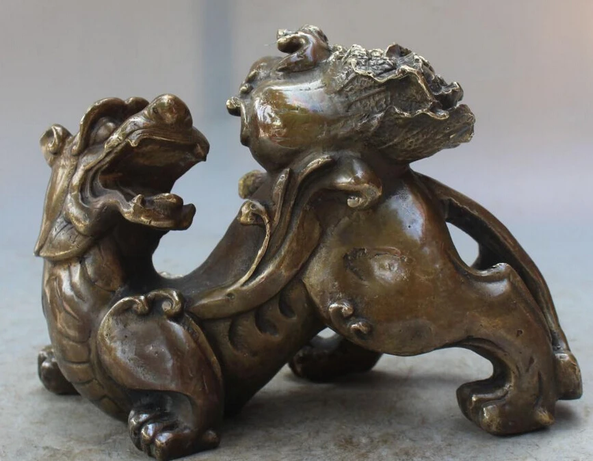 

9" Marked China Folk Bronze FengShui Wealth Guardian beast PiXiu BaiCai Statue R0709 B0403