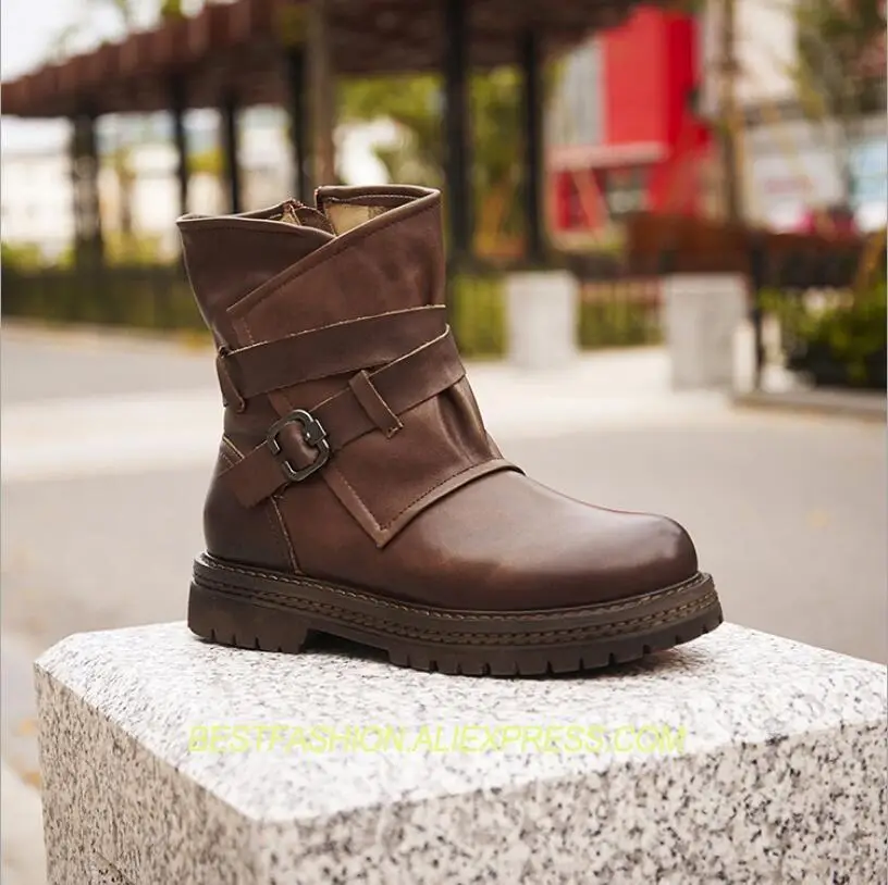 

2018 autumn new woman shoes in the tube leisure flat bottom plus size ankle boots leather genuine handmade Martin boots