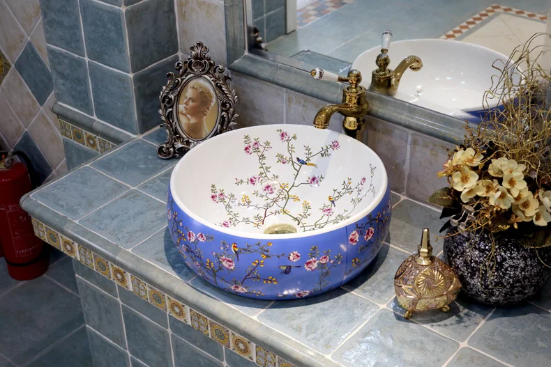 Europe style chinese Jingdezhen Art Counter Top ceramic bathroom sink painted porcelain sink with countertop  (4)