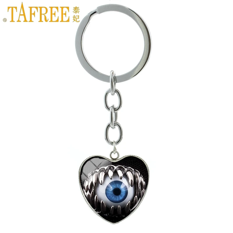 

TAFREE Fashion Trendy Horror Special Evil Eye Keychain Romantic Heart Pendant Key Chain Glass Cabochon Dome Men Jewelry FQ682