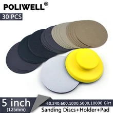 POLIWELL 5 inch Car Light Polishing Tools 30Pcs Waterproof Sanding Discs 125 mm +1 Hand Sanding Pad+1 Soft Sponge Interface Pads