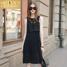 2017 summer dress women’s clothing slim faux two piece pleated dress o-neck solid color sleeveless one-piece dress female