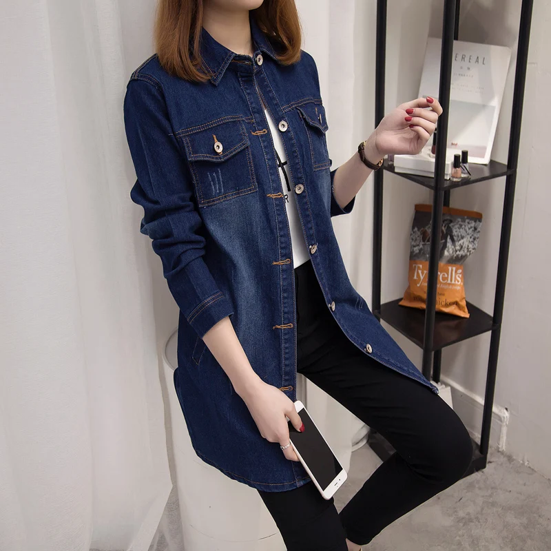 Denim Manteau La Moyen Vêtements Blue De Coupe Mode Stretch Femelle Taille Long 2019 vent Poche Veste Femmes Plus Printemps Odfvebx wPqtBYX