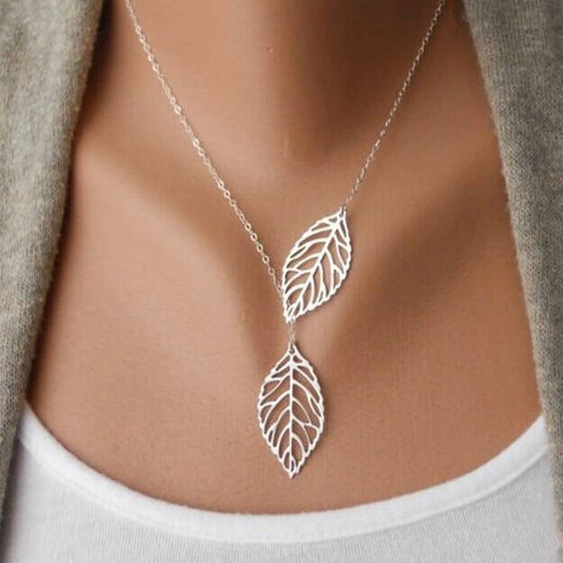 Trendy Fashion Leaf Necklace Women Double Leaves Necklaces Pendants