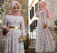 Pink Lace Muslim Evening Dress Floor Length Full Sleeves Sash Long Evening Dresses Hijab A Line Vestido De Festa Elegant