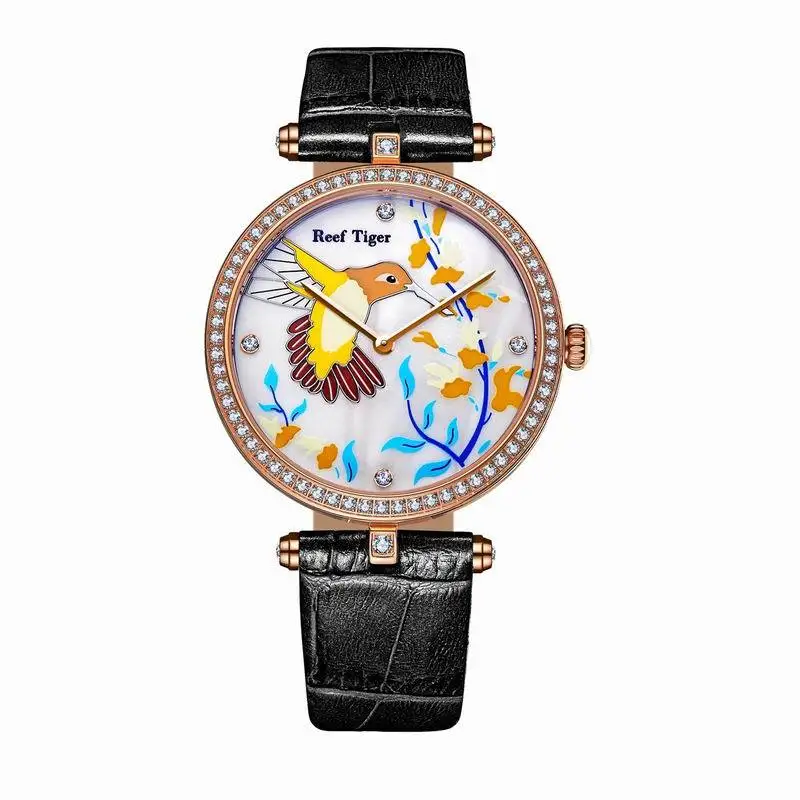 Риф Тигр/RT женские Часы кожаный ремешок розового золота модные Повседневное Часы красивые бриллианты синий часы rga1562 - Цвет: RGA1562-PWBD