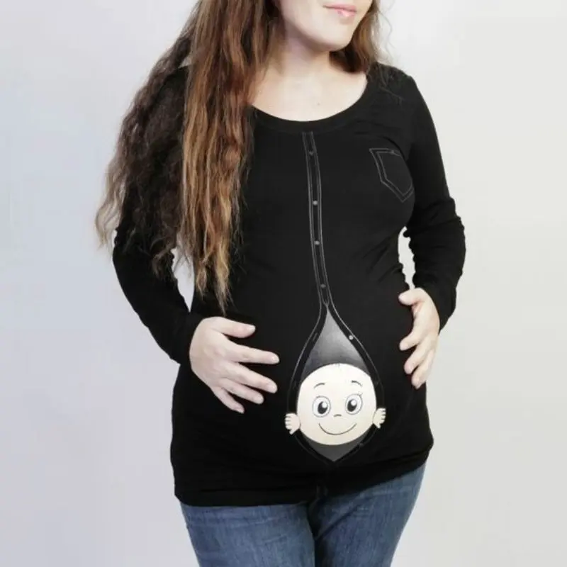 

Long Sleeve Shirt Women Red Black White Shirts Pregnant Maternity T Shirts Baby Peeking Out Funny Shirts Graphic Tees Women