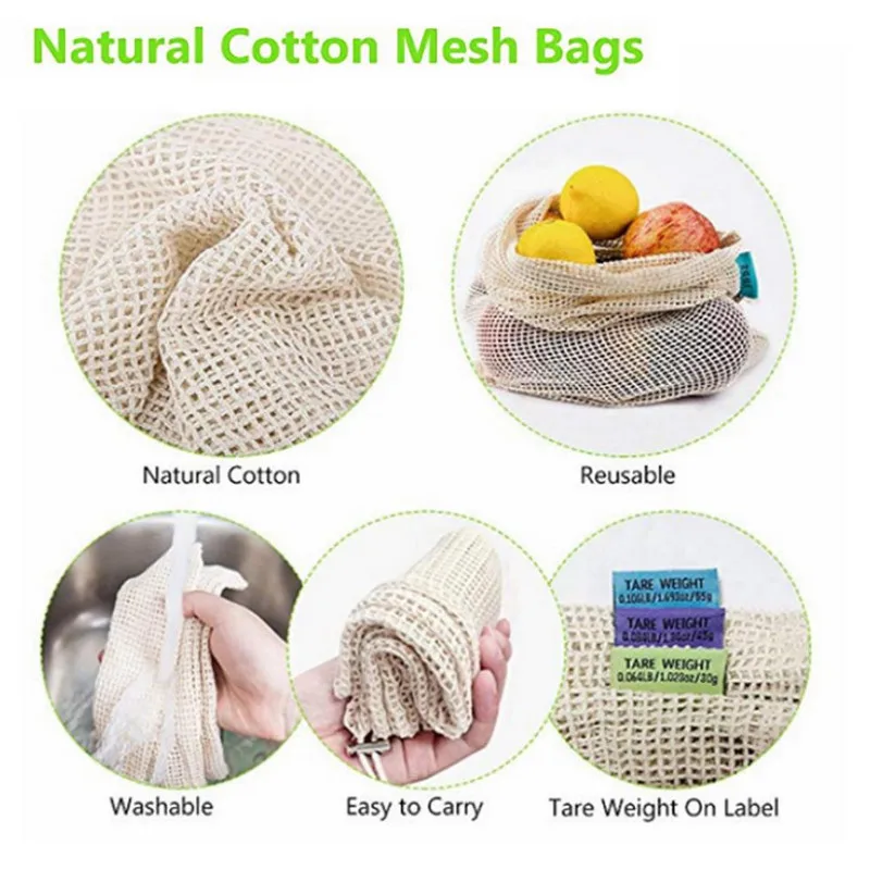 

Reusable fruit and vegetable cotton mesh bag drawstring harness pocket green shopping bag kitchen storage bag eco friendly