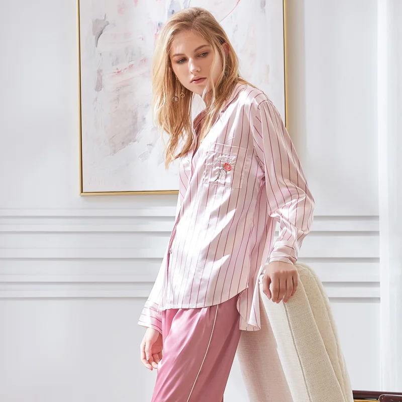 Xifenni Pajamas Sexy Faux Silk Sleepwear Female Fashion Striped Printed Satin Silk Long-Sleeved Woman's Pyjama Sets 2362