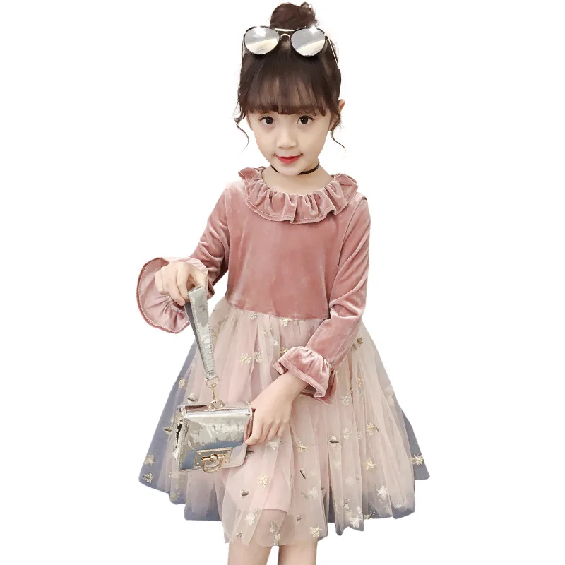 

2019 Spring 8-12Y Girls Velvet Dresses Bigger Girls Embroidery Dress Full Sleeve Young Girls Mid-Calf Lace Dresses RufflyO-Neck