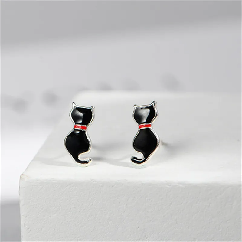 

925 Sterling Silver Black Animals Cat Stud Earrings For Women Fashion Wedding Earring Jewelry Accessory eh1170