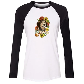 

iDzn Women T-shirt Retro Cute Black Cat and Rigby Dog wednesday Vintage flower Pattern Raglan Long Sleeve Girl T shirt Tee Tops