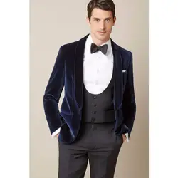 2017 последние конструкции пальто брюки темно-синий Велюр Slim Fit мужской костюм комплект смокинг жениха бархатном best Мужские костюмы (куртка +