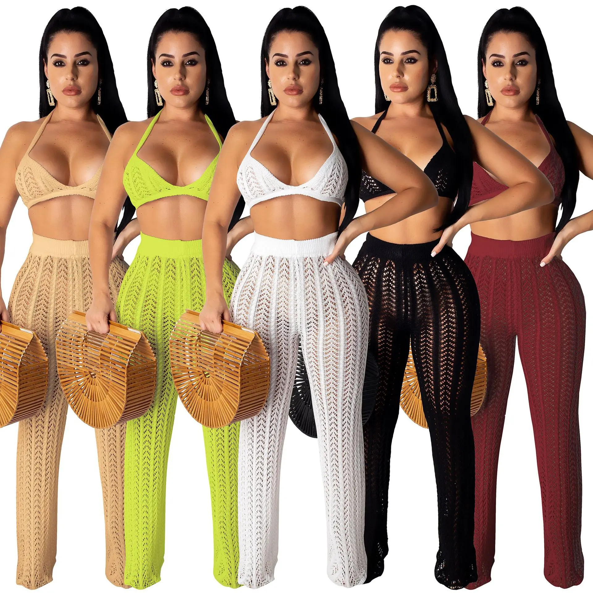 

2019 Women Summer Knitted Hollow Out Halter Neck Straight Top Bra Pants Suit Two Piece Set Sexy Party Tracksuit Outfit