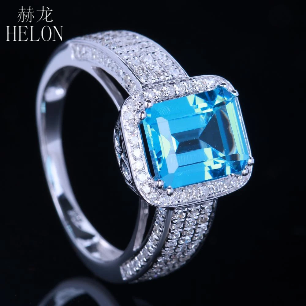 

HELON Solid 10K White Gold 9x7MM Emerald 3.3ct 100% Genuine Blue Topaz Natural Diamonds Engagement Wedding Jewelry Gemstone Ring