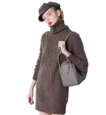 BARESKIY кашемировый свитер женский кашемировый свитер с высоким воротником длинный шерстяной вязаный джемпер свободный сплошной цвет дикий свитер - Цвет: Brown