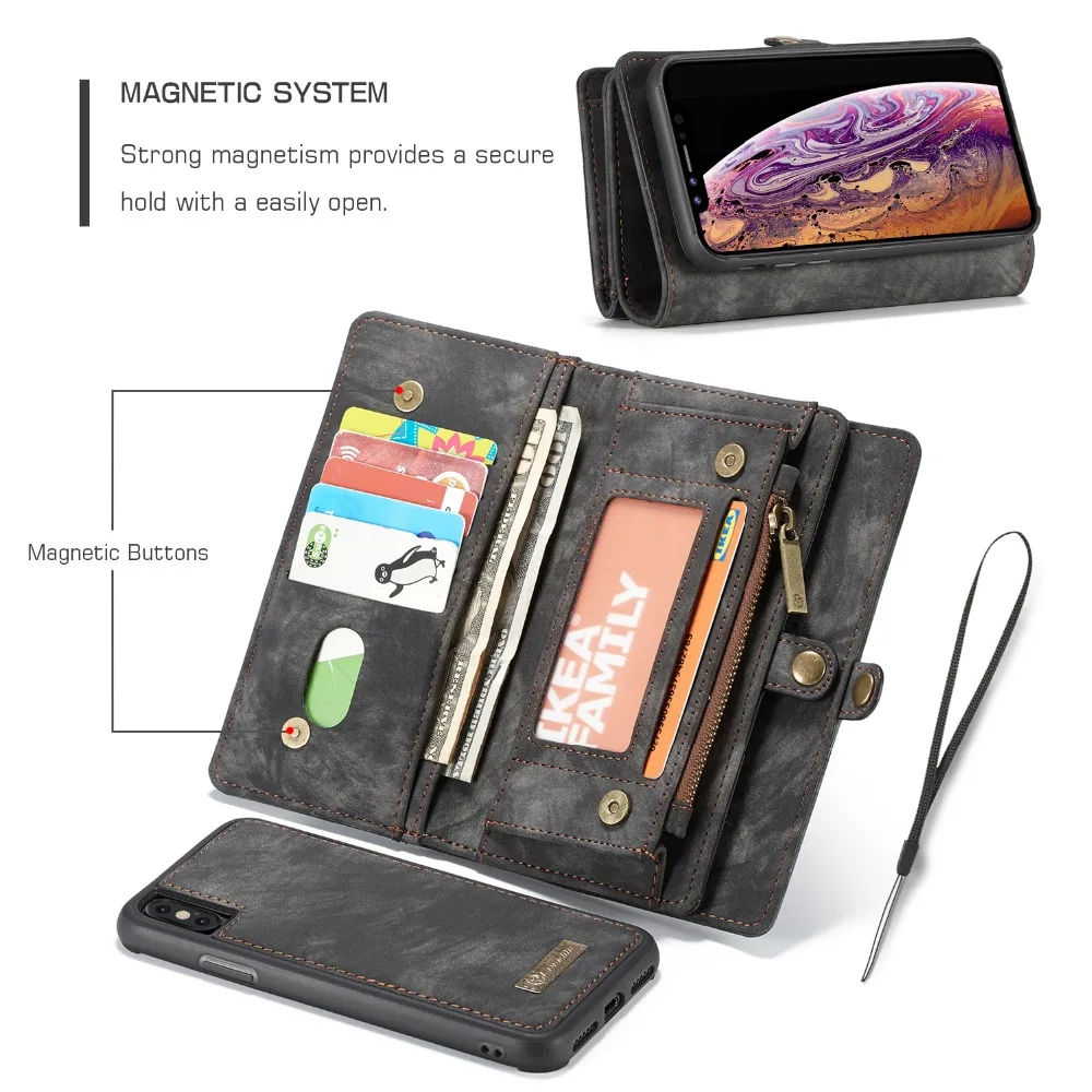 Luxury Wallet Zipper Flip Stand Case For iPhone 10 8 7 6s Plus XS MAX XR 8Plus 7Plus 6Plus Magnet Slim PU Leather Cover capinha