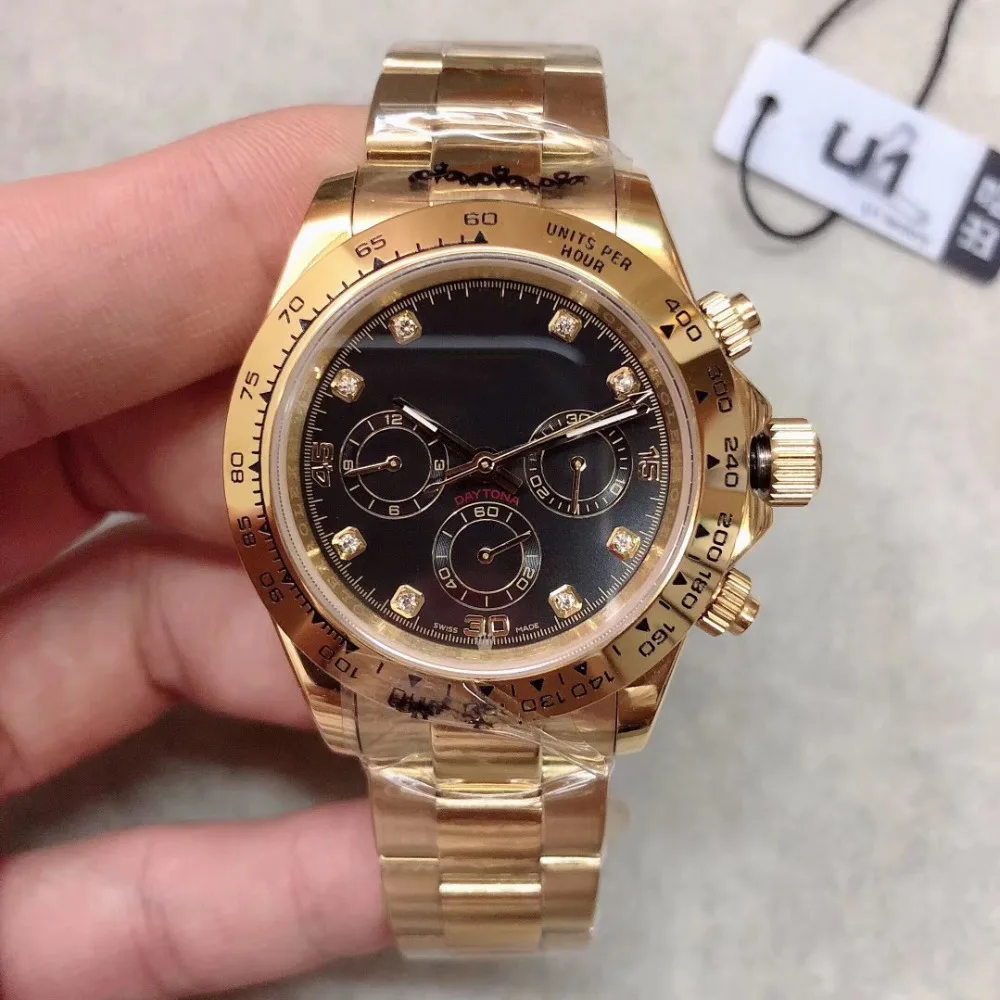 

Casual Mens Watch Sapphire DayTona Gold Stainless Steel Automatic Mechanical 116600 Black Dial Solid Clasp Geneve Men's Watch
