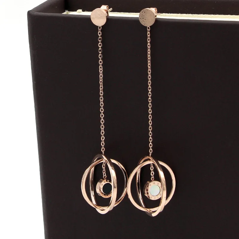 

Trendy double circles drop earrings for women earing, rose gold color stainless steel dangle earings roman numeral jewelry joyas