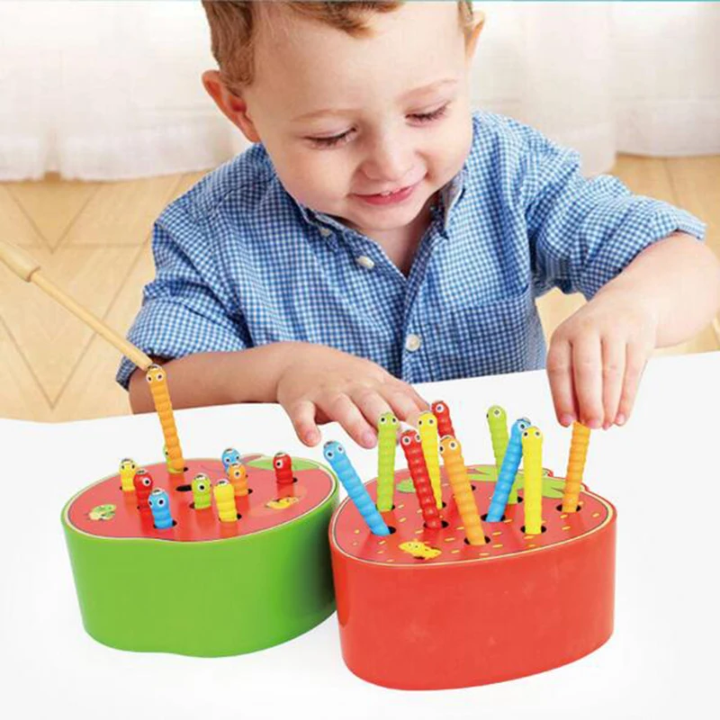 

Montessori Educational Wooden Sensory Toys For Children Apple Catch Insect Magnetic Memory Training Matching Pair Game Blocks