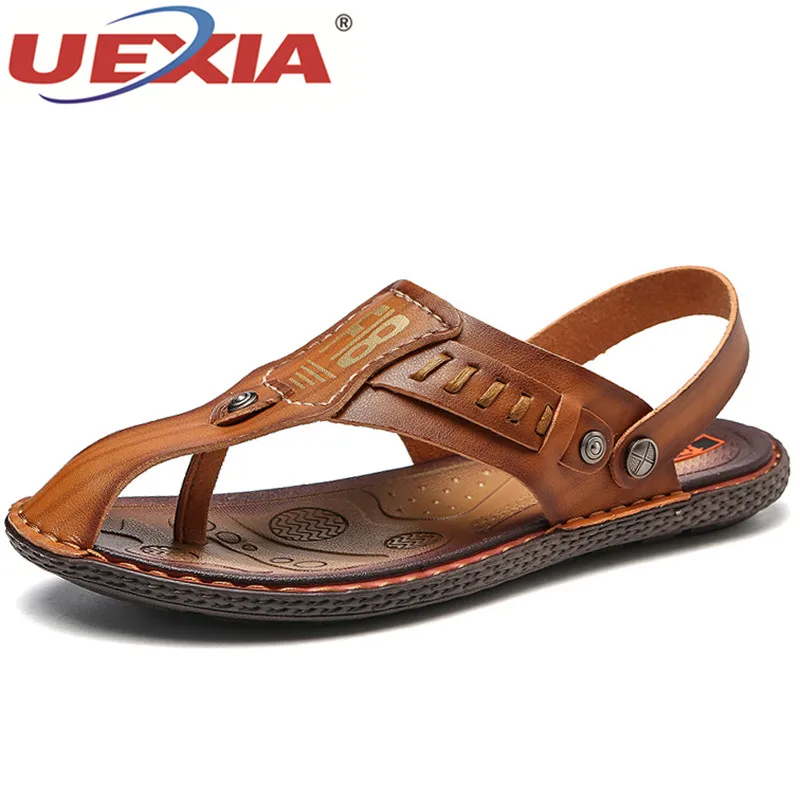 

UEXIA Casual Famous Brand 2018 Men Sandal Shoes Flat Slippers Summer Flip Flops Beach Men Shoes Leather Sandalias Zapatos hombre