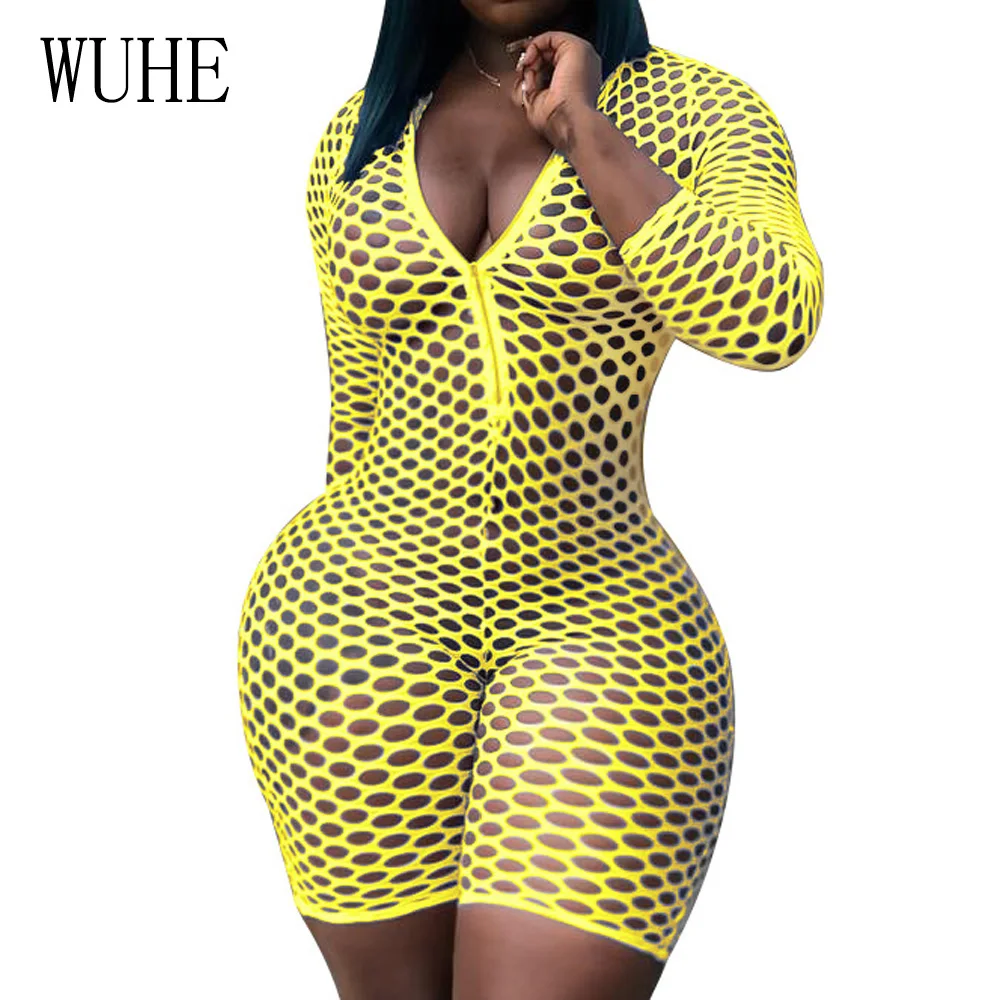 

WUHE Summer Zippers Short Rompers Hollow Out Long Sleeve V Neck Jumpsuit Women Sexy Party Beach Fashion Bodycon Bodysuits