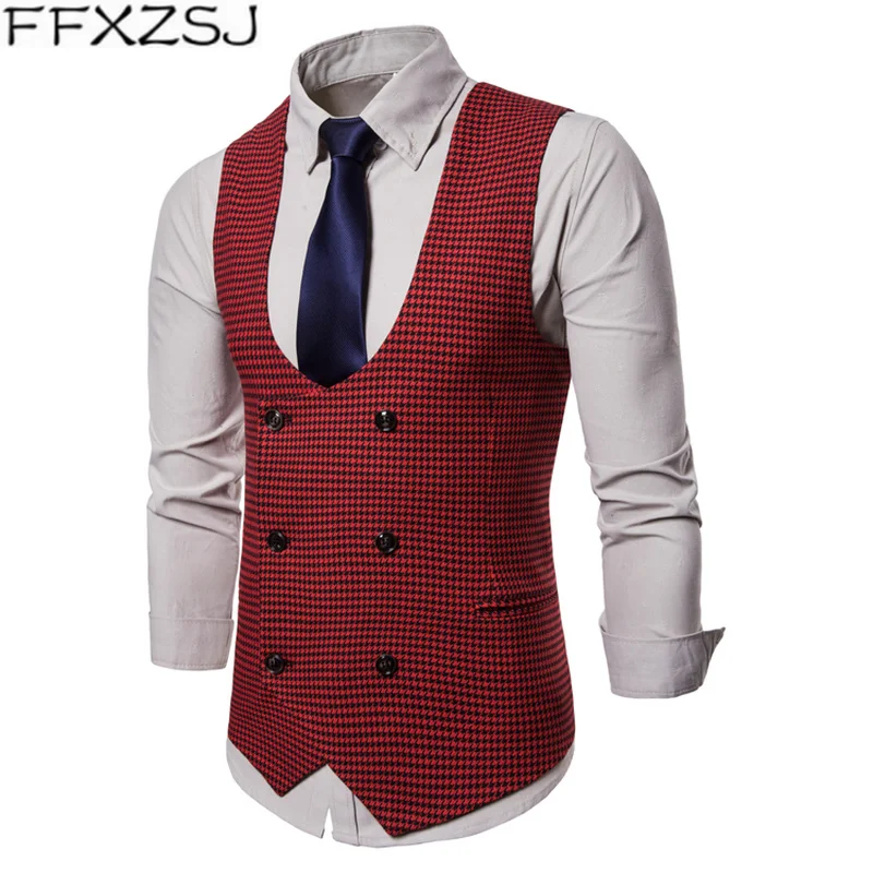 

FFXZSJ 2019 Spring Autumn Man's Vest Vintage Waistcoat Men Suit Vest U-shaped Collar Houndstooth Men's Casual Vest Male Clothing