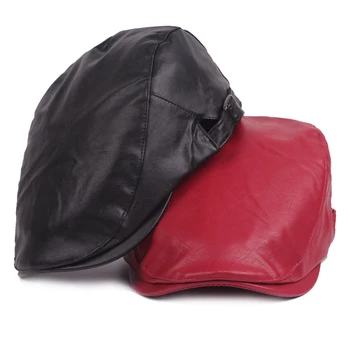 

HT1360 Vintage PU Leather Beret Caps Men Women Black Red Autumn Winter Ivy Beret Hats Adjustable Flat Cabbie Driver Advance Caps