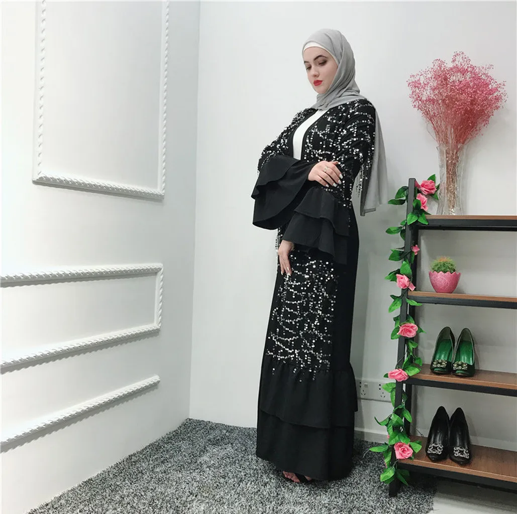 Женское мусульманское платье 2019 Топ женское ажурное embroi длинное обтягивающее платье открытый кардиган «абайя» мусульманское дубайское