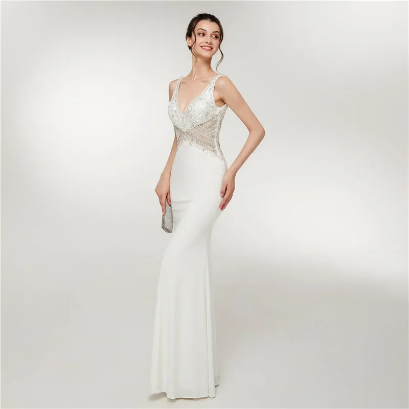 Elegant White Evening Dress Long 2018 Mermaid V Neck Beaded Crystal Backless Women Formal Party Dresses Vestido De Festa