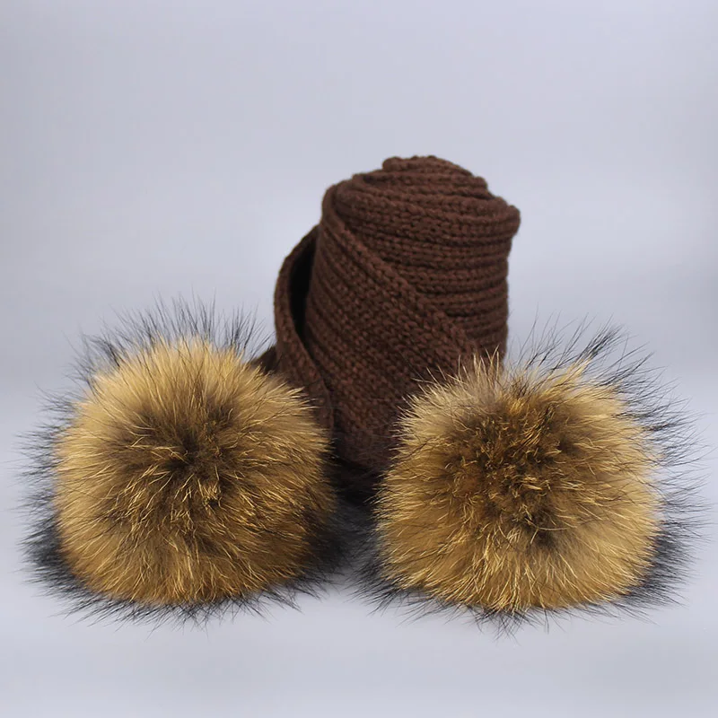 Scarf Coffee Г. Шапка с помпоном для девочек, теплые вязаные с помпоном из меха, шапка с помпоном и шарф, комплект, детская зимняя шапка с помпоном из натурального меха енота, Skullies - Цвет: Scarf Coffee