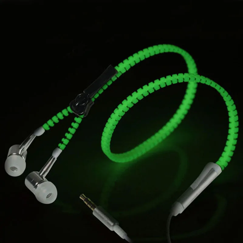  Newest Metal Zipper Luminous Earphones 3.5mm Connector In-Ear Wired EarPhones with Microphone Stereo Bass 