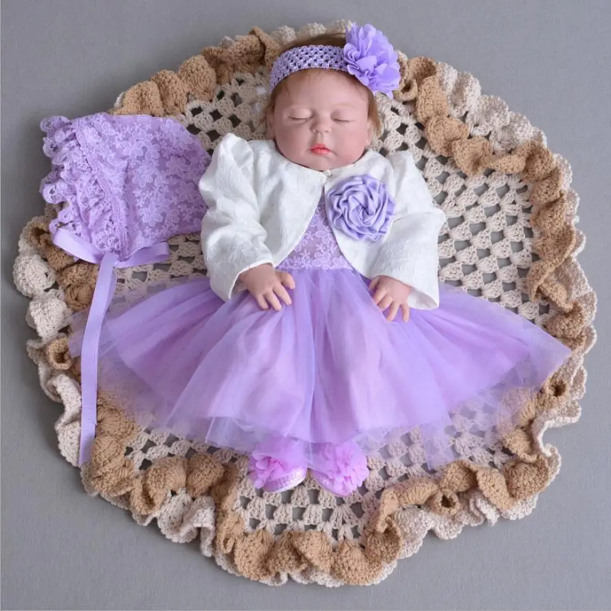 Purple Thin Lace Flowers Tulle Baby Girl Birthday Dress Princess Wedding Party Newborn Flower Headband Mini Coat Hat