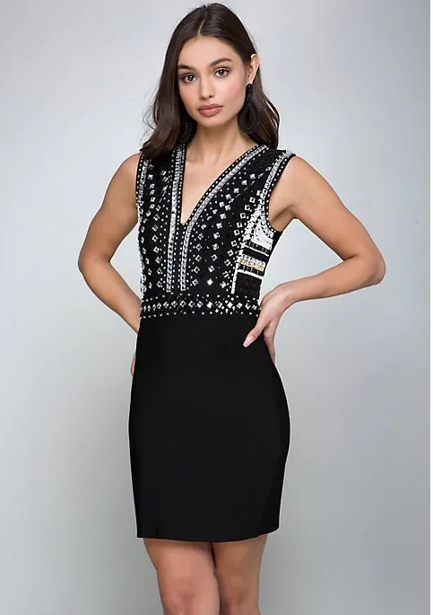 Elegante Celebrity Rayon V Schwarz Halinfer Verband Bodycon Party 2018 Mini Perlen Sommer Frauen Sexy Ins Kleid ausschnitt Dresse Neue rdxoCBe