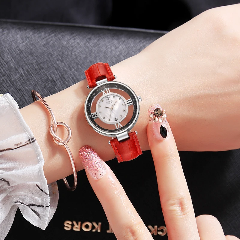 

2018 luxury BGG Creative Fashion Hollow Unique Small Round Dial Women Watch Leather Strap Ladies Elegant Dress Quartz Watches