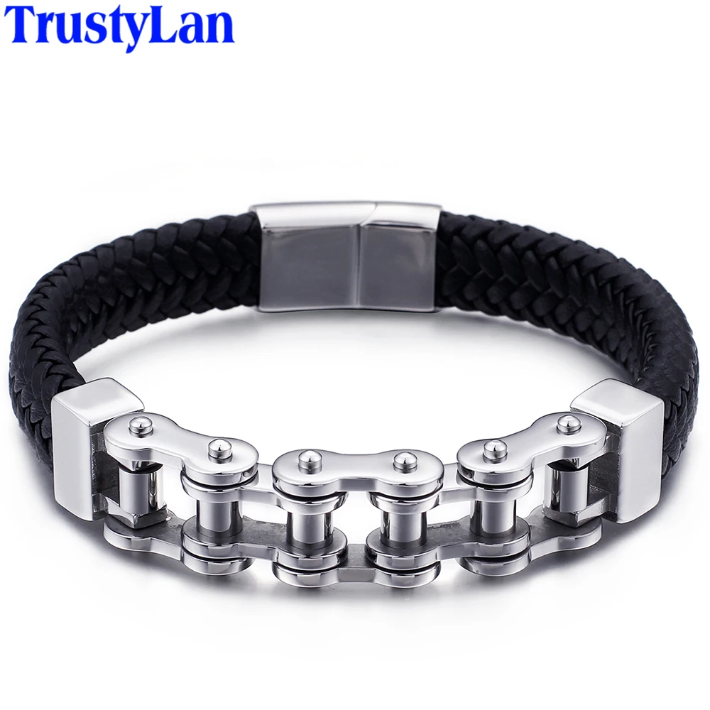

Rocker Biker Bicycle Chain Men Bracelet Stainless Steel & Leather Mens Bracelets & Bangles With Magnet Clasp Hand Jewelry 13MM